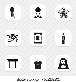 Set Of 9 Editable Dyne Icons. Includes Symbols Such As Indian Flower, Shinto, Muslim Carpet And More. Can Be Used For Web, Mobile, UI And Infographic Design.