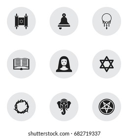 Set Of 9 Editable Dyne Icons. Includes Symbols Such As Holy Sister, Ringer, Indian Elephant And More. Can Be Used For Web, Mobile, UI And Infographic Design.
