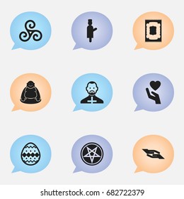 Set Of 9 Editable Dyne Icons. Includes Symbols Such As Pope, Save Love, Baphomet Symbol And More. Can Be Used For Web, Mobile, UI And Infographic Design.