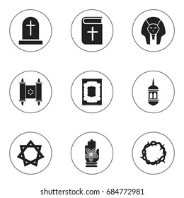 Set Of 9 Editable Dyne Icons. Includes Symbols Such As Hamsa, Muslim Carpet, Christian Book And More. Can Be Used For Web, Mobile, UI And Infographic Design.