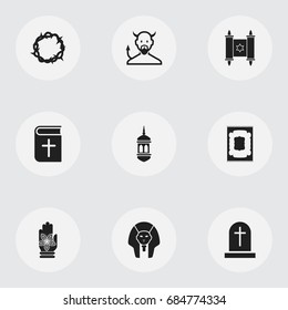 Set Of 9 Editable Dyne Icons. Includes Symbols Such As Satan, Christ Wreath, Minaret And More. Can Be Used For Web, Mobile, UI And Infographic Design.
