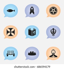Set Of 9 Editable Dyne Icons. Includes Symbols Such As Jewish, Baguette, Baphomet Symbol And More. Can Be Used For Web, Mobile, UI And Infographic Design.