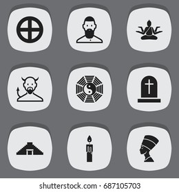 Set Of 9 Editable Dyne Icons. Includes Symbols Such As Cleopatra, Fire Wax, Muslim And More. Can Be Used For Web, Mobile, UI And Infographic Design.