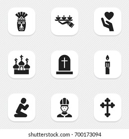 Set Of 9 Editable Dyne Icons. Includes Symbols Such As Orison, Save Love, Tombstone And More. Can Be Used For Web, Mobile, UI And Infographic Design.