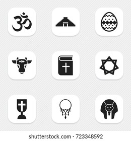 Set Of 9 Editable Dyne Icons. Includes Symbols Such As Hexagram, Sarcophagus, Christian Book And More. Can Be Used For Web, Mobile, UI And Infographic Design.