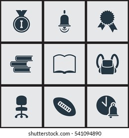 Set Of 9 Editable Education Icons. Includes Symbols Such As School Bell, Schoolbag, Work Seat And More. Can Be Used For Web, Mobile, UI And Infographic Design.