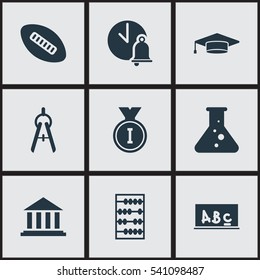Set Of 9 Editable Education Icons. Includes Symbols Such As Graduate, School Bell, Math Tool And More. Can Be Used For Web, Mobile, UI And Infographic Design.