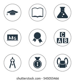 Set Of 9 Editable Education Icons. Includes Symbols Such As Math Tool, School Board, Alphabet Cube And More. Can Be Used For Web, Mobile, UI And Infographic Design.