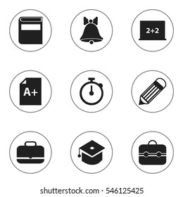 Set Of 9 Editable Education Icons. Includes Symbols Such As Eraser, Page, Trunk And More. Can Be Used For Web, Mobile, UI And Infographic Design.