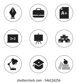 Set Of 9 Editable Education Icons. Includes Symbols Such As Nib, Page , Painter'S Stand. Can Be Used For Web, Mobile, UI And Infographic Design.