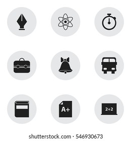 Set Of 9 Editable Education Icons. Includes Symbols Such As Nib, Transport Vehicle, Timer And More. Can Be Used For Web, Mobile, UI And Infographic Design.