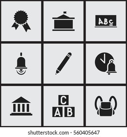 Set Of 9 Editable Education Icons. Includes Symbols Such As School Bell, Museum, Schoolbag And More. Can Be Used For Web, Mobile, UI And Infographic Design.
