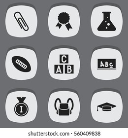 Set Of 9 Editable Education Icons. Includes Symbols Such As Alphabet Cube, Victory Medallion, Chemistry And More. Can Be Used For Web, Mobile, UI And Infographic Design.