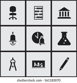 Set Of 9 Editable Education Icons. Includes Symbols Such As Museum, Work Seat, Math Tool And More. Can Be Used For Web, Mobile, UI And Infographic Design.