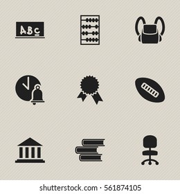 Set Of 9 Editable Education Icons. Includes Symbols Such As Victory Medallion, Schoolbag, Library And More. Can Be Used For Web, Mobile, UI And Infographic Design.