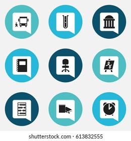 Set Of 9 Editable Education Icons. Includes Symbols Such As Flask, Arithmetic, Bookmark And More. Can Be Used For Web, Mobile, UI And Infographic Design.