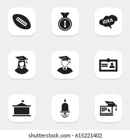 Set Of 9 Editable Education Icons. Includes Symbols Such As Certification, Univercity, Graduated Female And More. Can Be Used For Web, Mobile, UI And Infographic Design.