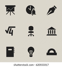 Set Of 9 Editable Education Icons. Includes Symbols Such As Lamp, Math Root, Workbook And More. Can Be Used For Web, Mobile, UI And Infographic Design.