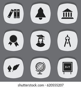 Set Of 9 Editable Education Icons. Includes Symbols Such As Literature, Victory Medallion, Bookshelf And More. Can Be Used For Web, Mobile, UI And Infographic Design.