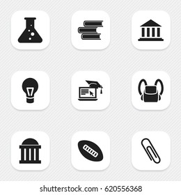 Set Of 9 Editable Education Icons. Includes Symbols Such As Chemistry, Staple, Courtroom And More. Can Be Used For Web, Mobile, UI And Infographic Design.