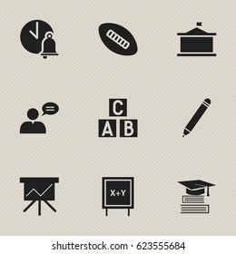 Set Of 9 Editable Education Icons. Includes Symbols Such As Alphabet Cube, Chart Board, Univercity And More. Can Be Used For Web, Mobile, UI And Infographic Design.