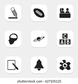Set Of 9 Editable Education Icons. Includes Symbols Such As Omelette, Alphabet Cube, Oval Ball And More. Can Be Used For Web, Mobile, UI And Infographic Design.