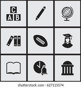 Set Of 9 Editable Education Icons. Includes Symbols Such As School Bell, Courtroom, Bookshelf And More. Can Be Used For Web, Mobile, UI And Infographic Design.