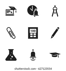 Set Of 9 Editable Education Icons. Includes Symbols Such As Chemistry, Calculator, Math Tool And More. Can Be Used For Web, Mobile, UI And Infographic Design.