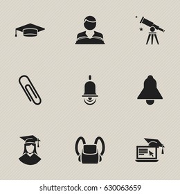 Set Of 9 Editable Education Icons. Includes Symbols Such As Schoolbag, Binoculars, Studying Boy And More. Can Be Used For Web, Mobile, UI And Infographic Design.