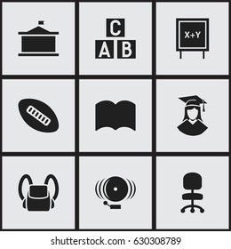 Set Of 9 Editable Education Icons. Includes Symbols Such As Oval Ball, Work Seat, Dictionary And More. Can Be Used For Web, Mobile, UI And Infographic Design.