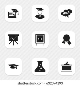 Set Of 9 Editable Education Icons. Includes Symbols Such As Graduation Hat, Chemistry, Diplomaed Male And More. Can Be Used For Web, Mobile, UI And Infographic Design.