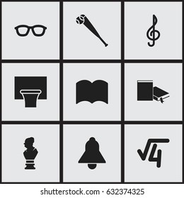 Set Of 9 Editable Education Icons. Includes Symbols Such As Spectacles, Bat, Bookmark And More. Can Be Used For Web, Mobile, UI And Infographic Design.