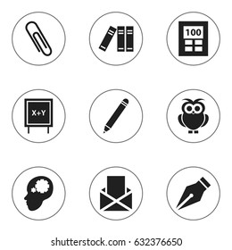 Set Of 9 Editable Education Icons. Includes Symbols Such As Envelope, Blackboard, Staple And More. Can Be Used For Web, Mobile, UI And Infographic Design.