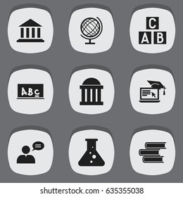 Set Of 9 Editable Education Icons. Includes Symbols Such As Thinking Man, Earth Planet, Distance Learning And More. Can Be Used For Web, Mobile, UI And Infographic Design.