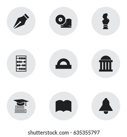 Set Of 9 Editable Education Icons. Includes Symbols Such As Bell, Nib, Semicircle Ruler And More. Can Be Used For Web, Mobile, UI And Infographic Design.