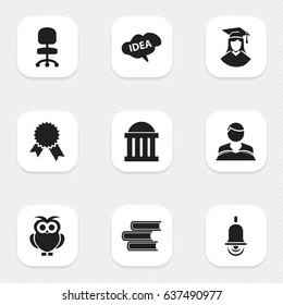 Set Of 9 Editable Education Icons. Includes Symbols Such As Alarm Bell, Courtroom, Night Fowl And More. Can Be Used For Web, Mobile, UI And Infographic Design.