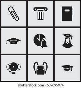 Set Of 9 Editable Education Icons. Includes Symbols Such As Pillar, Graduate, School Bell And More. Can Be Used For Web, Mobile, UI And Infographic Design.