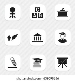 Set Of 9 Editable Education Icons. Includes Symbols Such As Chart Board, Alphabet Cube, Literature And More. Can Be Used For Web, Mobile, UI And Infographic Design.