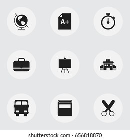 Set Of 9 Editable Education Icons. Includes Symbols Such As Timer, Page, Earth Planet And More. Can Be Used For Web, Mobile, UI And Infographic Design.
