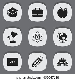 Set Of 9 Editable Education Icons. Includes Symbols Such As Apple, Eraser, Portfolio And More. Can Be Used For Web, Mobile, UI And Infographic Design.