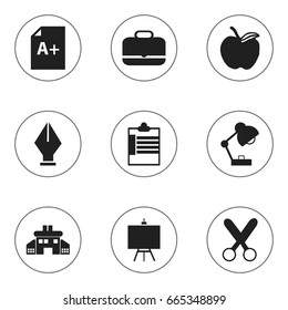 Set Of 9 Editable Education Icons. Includes Symbols Such As Cutting, Apple, Portfolio And More. Can Be Used For Web, Mobile, UI And Infographic Design.