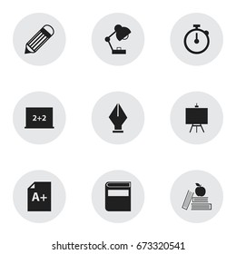 Set Of 9 Editable Education Icons. Includes Symbols Such As Eraser, Timer, Page And More. Can Be Used For Web, Mobile, UI And Infographic Design.