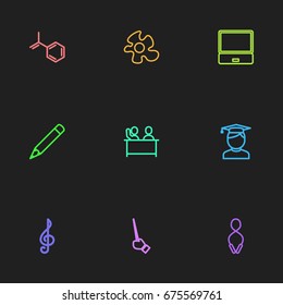 Set Of 9 Editable Education Icons. Includes Symbols Such As Jumping, Notebook, Food And More. Can Be Used For Web, Mobile, UI And Infographic Design.