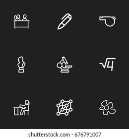 Set Of 9 Editable Education Icons. Includes Symbols Such As Children, Food, Atom And More. Can Be Used For Web, Mobile, UI And Infographic Design.