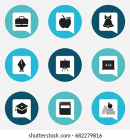 Set Of 9 Editable Education Icons. Includes Symbols Such As Literature, Portfolio, Apple And More. Can Be Used For Web, Mobile, UI And Infographic Design.