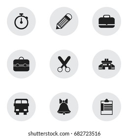 Set Of 9 Editable Education Icons. Includes Symbols Such As Kindergarten, Portfolio, Cutting And More. Can Be Used For Web, Mobile, UI And Infographic Design.