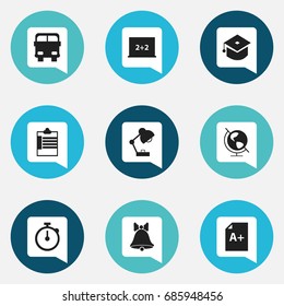 Set Of 9 Editable Education Icons. Includes Symbols Such As Jingle, Lighting, Supervision List And More. Can Be Used For Web, Mobile, UI And Infographic Design.