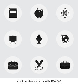 Set Of 9 Editable Education Icons. Includes Symbols Such As Painter's Stand, Nib, Portfolio. Can Be Used For Web, Mobile, UI And Infographic Design.