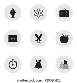 Set Of 9 Editable Education Icons. Includes Symbols Such As Timer, Nib, Cutting And More. Can Be Used For Web, Mobile, UI And Infographic Design.