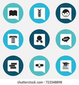Set Of 9 Editable Education Icons. Includes Symbols Such As Pillar, Scholar, Dictionary And More. Can Be Used For Web, Mobile, UI And Infographic Design.